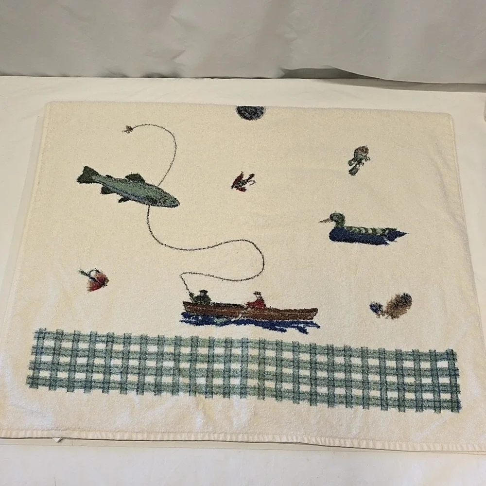 Cannon Fishing Hand Towel Set Cream Vintage Plaid Ducks Trout USA Rustic Cabin